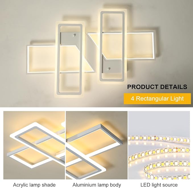GEADI 35.4" Modern LED Ceiling Light, Dimmable White Flush Mount Chandelier | 80W 4-Square Geometric Ceiling Lamp with Remote, 3000K-6500K Dimming, Memory, 4800 Lumens, Low Profile for Bedroom, Kitchen