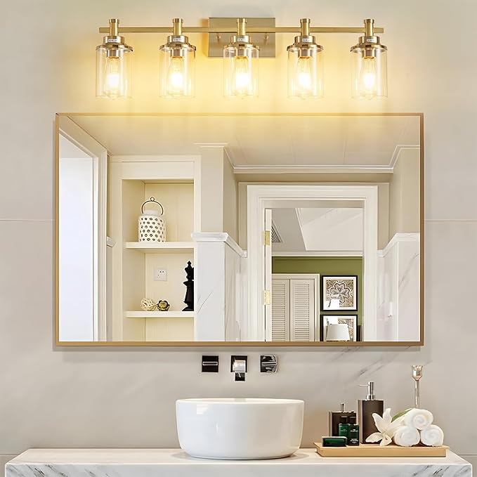 5-Light Modern Vanity Lights Over Mirror, Brushed Brass Bathroom Sconce with Clear Glass Shade