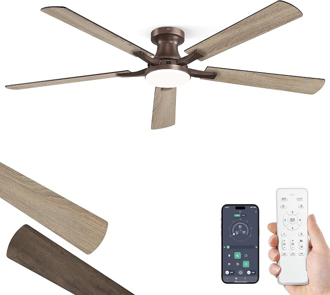ZMISHIBO 60 Inch Ceiling Fans with Lights, Remote&App Control, Flush Mount | Low Profile, Dimmable 20W LED Light, Quiet Reversible Motor, Strong Airflow, Easy Install for Bedroom/Living Room/Apt, Brown