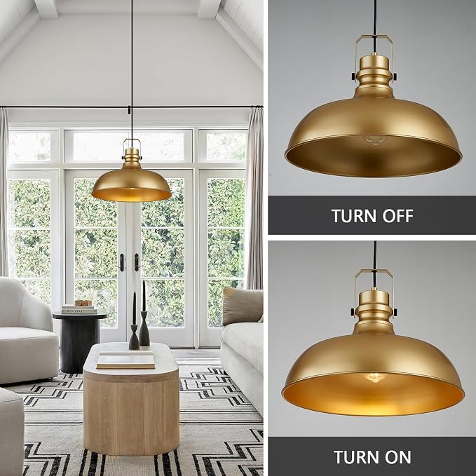 Gold Farmhouse Pendant Lights for Kitchen Island 16 Inch | ETL Certificate,Industrial Adjustable Height Vintage Dome Hanging Light Fixtures for Barn, Dining Room 2 Pack