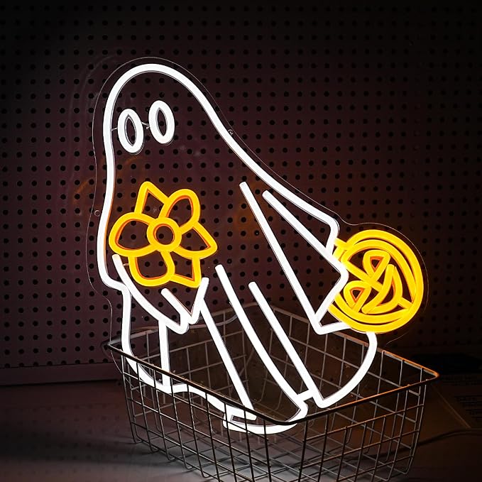 Ghost Neon Sign for Wall Decor Dimmable USB Powered Pumpkin Led Light sign Halloween Ghost Neon Light for Halloween Party Game Room Neon Decor (Yellow White)