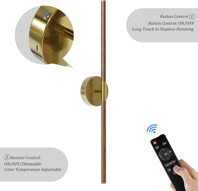 24" Battery Operated Wall Sconce Set of 2, 350° Rotating Lamp, Walnut Gold | Wireless, 8000mAh Rechargeable Battery, Stepless Dimming, 3000K-6000K, Remote & Touch Control, Timer, Living Room, Bedroom