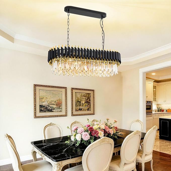 L33 Black and Gold Crystal Chandelier Large 8 Light 3-Tier K9 Crystal Raindrop Chandelier Flush Mount Ceiling Light Fixture for for Dining Room Kitchen Island