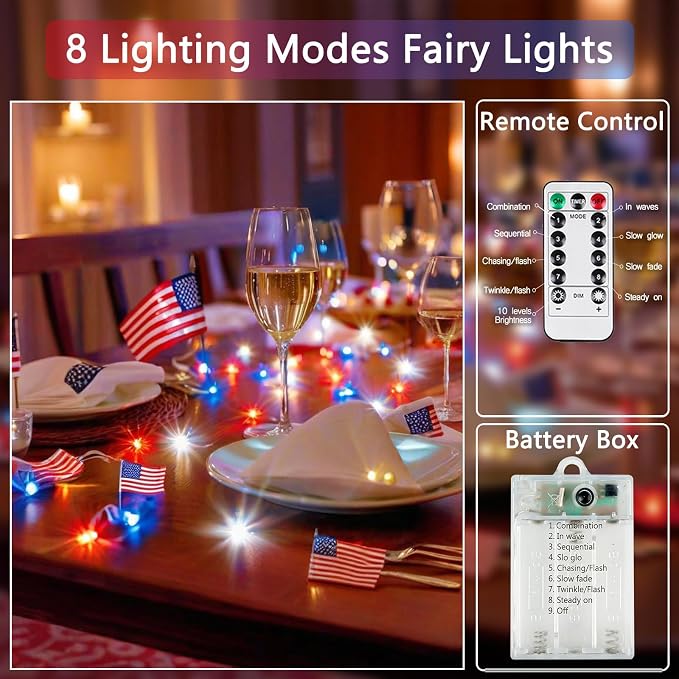 4th of July Decor 3 Pack Fairy Light Battery Operated Remote Red White Blue | Each 26FT 80LED, 8 Modes & Timer, Waterproof Wire, Patriotic Twinkle String Light for Independence Memorial Veteran Day Decor