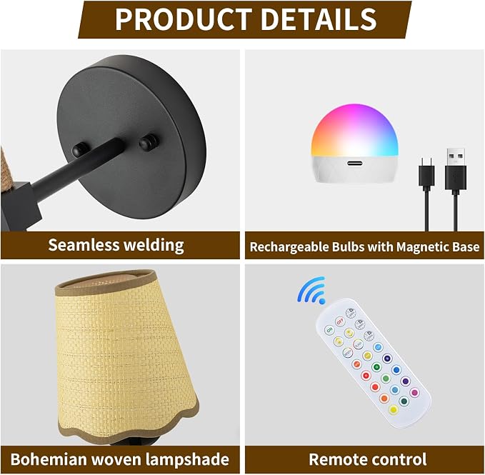 Boho Battery Operated Wall Sconce Set of 2, Black Wireless Rechargeable Wall Lights with Rattan Shade, 12 RGB and 3CCT Dimmable Cordless Wall Lamps with Remote for Bedroom Living Room