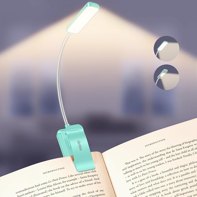 Gritin 2026 Gen 2 Book Light for Reading- 30 Eye Caring Full Spectrum LED | 5 Colors & 5 Brightness, Adjustable Wide/Narrow Beam, Upgrade 1500mAh Long-Lasting Rechargeable Clip on Light-Blue