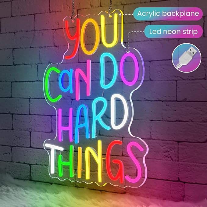You Can Do Hard Things Neon Sign for Classroom,USB Powered Dimmable Neon Light,Motivational Wall Decor for Study,Dorm Room,Office,Inspirational Back to School Sign