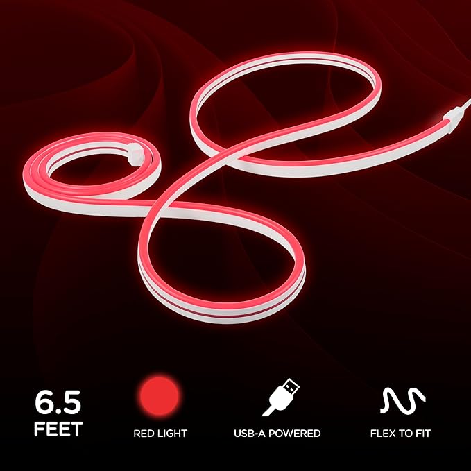 Enbrighten Neon Rope Light, LED Strip Lights, 6.5 feet, USB Powered Flexible Light, LED Strip, Gaming, Home Offices, Customizable, Red, 76627-T1