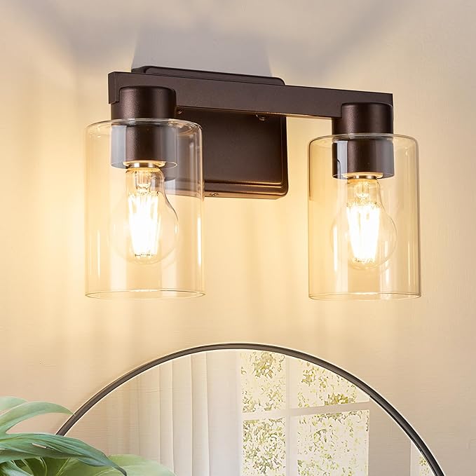 2-Light Bathroom Light Fixtures with Clear Glass, Oil Rubbed Bronze | Vanity Lights, Modern Wall Sconces, Over Mirror for Bathroom, Powder Room, Living Room