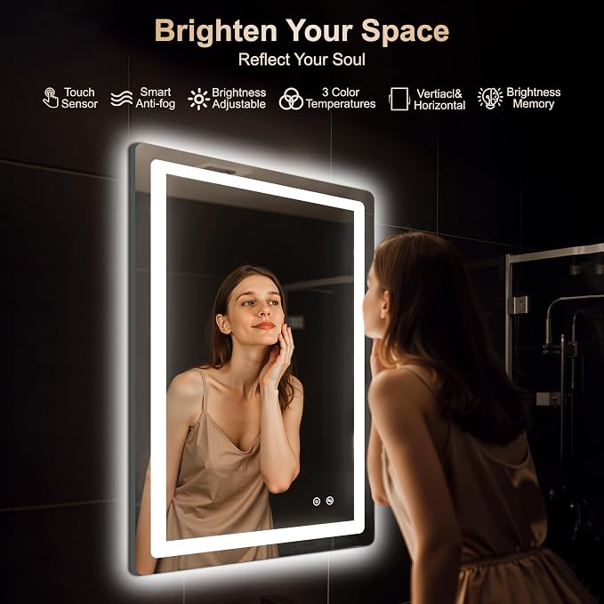 32x24 LED Bathroom Vanity Mirror with Lights, Anti-Fog, Dimmable | Front & Backlit with 3 Color Modes and Memory, 5mm Shatterproof Glass, Plug-in or Hardwired, Horizontal or Vertical