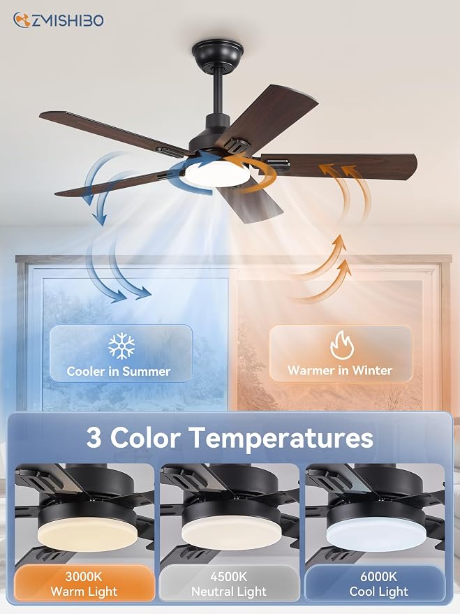 ZMISHIBO 2 Pack 44" Ceiling Fan with Light and Remote, Black Modern Indoor | Small Size, 3CCT, Downrod Mount, Farmhouse Dual Finish Blades, Quiet&Strong Motor, Memory Function for Bedroom, Living Room