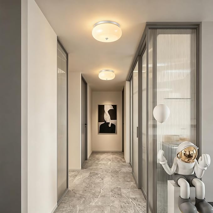 2-Light Brushed Nickel Ceiling Light,11.02in Milky White Glass Shade | Mid-Century Modern Metal Base, E26 Ceramic socket, Hallway, Kitchen, Bedroom, Bulb Not Included