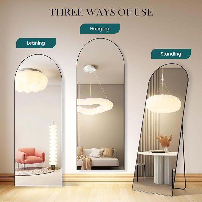 Arched Full Length Floor Mirror, 16"x59" Body Wall Mirror with Stand | Shatter-Proof Nano Glass, Tall Standing, Hanging or Leaning, Aluminum Alloy Frame for Bedroom, Modern Home Decor, Black