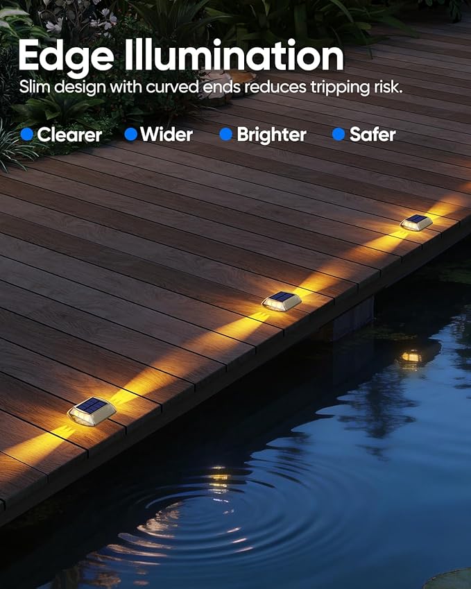 DetarZinLED Solar Deck Lights Outdoor IP68 Waterproof 8 Pack Amber Warm | Sturdy PC Shell, Stick on & Screw Mount, Markers Light for Outside Dock, Step, Walkway, Path, Sidewalk, Patio, pool, Driveway