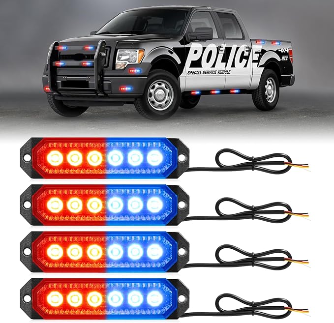 HLauto 406T Emergency Strobe Grille Lights: 4Pcs 6 LED Sync Feature Safety Warning Flashing Light, 12V-24V Ultra Slim Surface Mount Hazard Caution Light for Truck, Vehicle, Car, ATV, UTV (Red Blue)