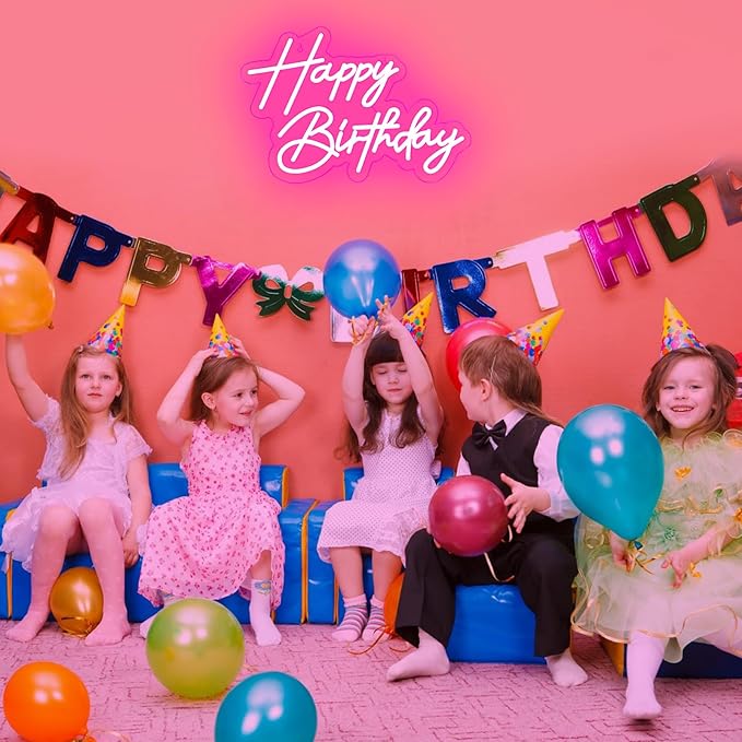 Happy Birthday Neon Sign for Wall Decor, 17×12 Inch Pink Led Neon Light Signs, Art Decoration Happy Birthday Neon Light Sign for All Birthday Party Decoration with 2 Pcs pasters