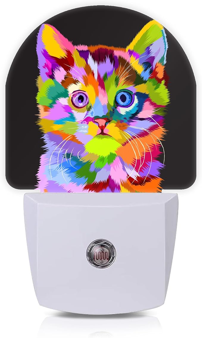 Colorful Cute Cat Night Lights Plug into Wall for Girls Boys Room,Night Light LED Lamp Dusk to Dawn Sensor Round Lamp for Bedroom Bathroom Hallway Home Wall Decor