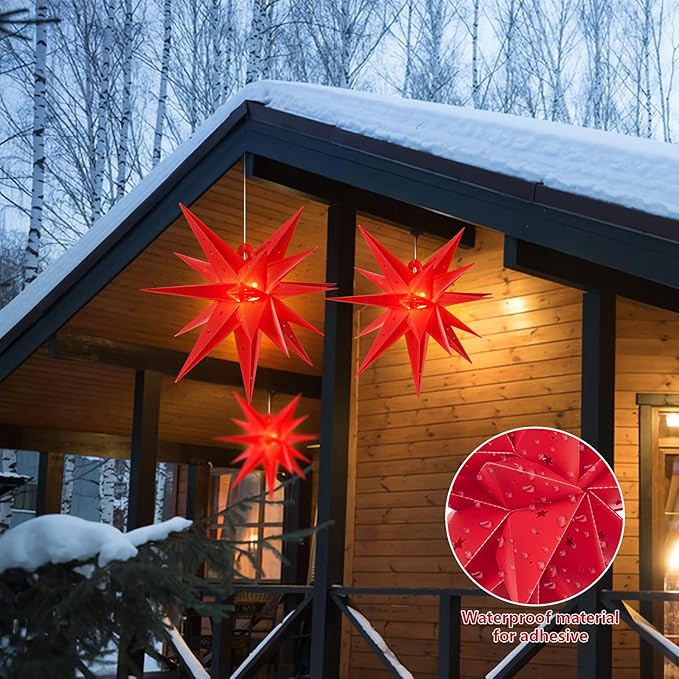 SUNBEAUTY 21 Inches Red Large Moravian Star Outdoor Light Warm White LED Hanging Star Lights 3D Christmas Tree Topper Star for Holiday Wedding Birthday Party Porch Light Decor