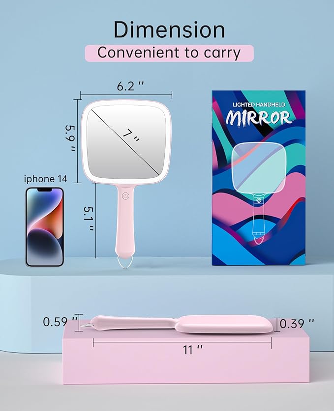 Famihomii Lighted Handheld Mirror, Handheld Mirror with 3 Light Color, Led Hand Mirror for Women, Makeup Mirror with Handle Hole Hanging Portable Travel Vanity for Girls, Battery Operated, Gifts