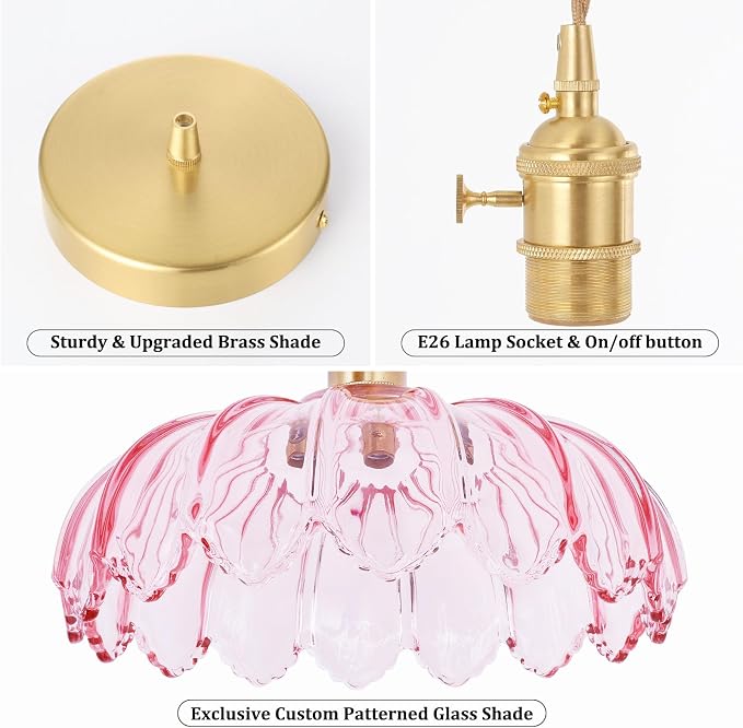 Shenmoyl Pendant Light with Pink Scindapsus Glass Lmapshade, Brass Vintage Pendant Light Adjustable Hanging Light for Kitchen Island Dining Room Hallway