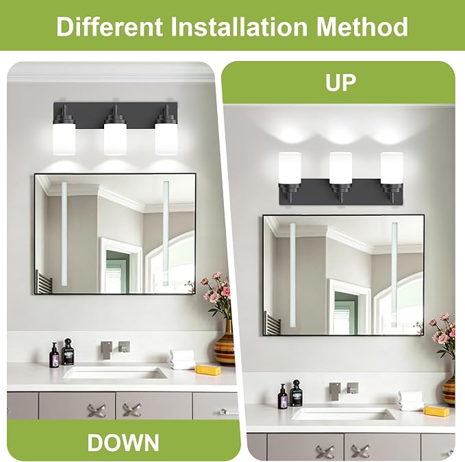 Bathroom Light Fixtures, Matte Black Bathroom Lighting Fixtures Over Mirror, Modern Vanity Light with White Glass Shade, Restroom Lighting Fixtures, 3-Light 22-inch