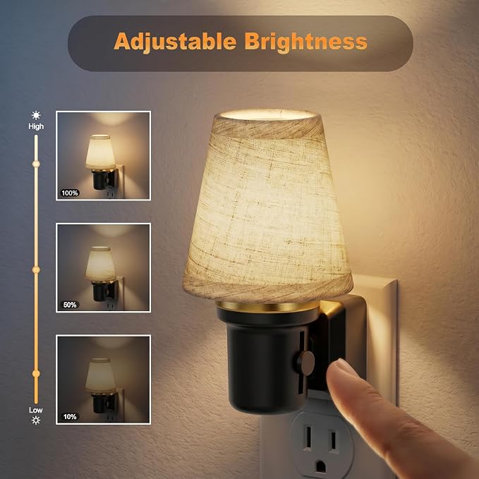 JandCase LED Night Lights Plug into Wall | Linen Fabric Round Vintage Nightlight Decorative Night Light Dusk to Dawn Sensor 0-100LM Dimmable Bedroom Living Room Hallway