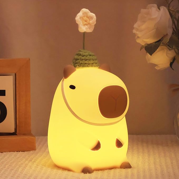 Cute Capybara Night Light, Squishy Animal Flower Lamp with Rechargeable Timer Dimmable, Nursery Nightlight Home Bedside Decor Birthday Christmas White Elephant Gift for Kids Women Friend