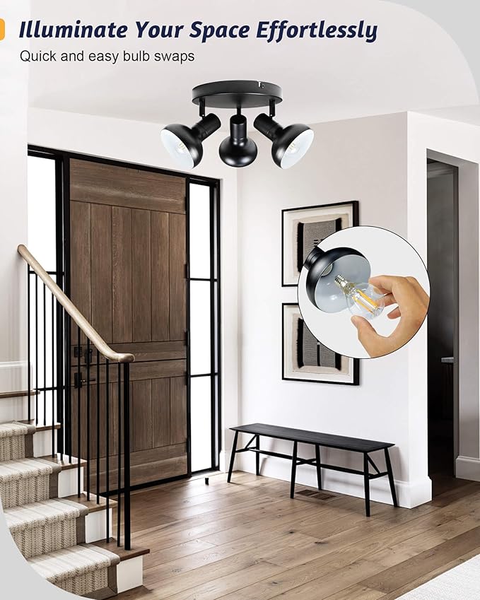 HiBay 3-Light Track Lighting, Farmhouse Ceiling Light Fixtures Black, Directional Spotlight Round for Kitchen Bedroom Dining Room, E12 Base (Bulbs Not Included)