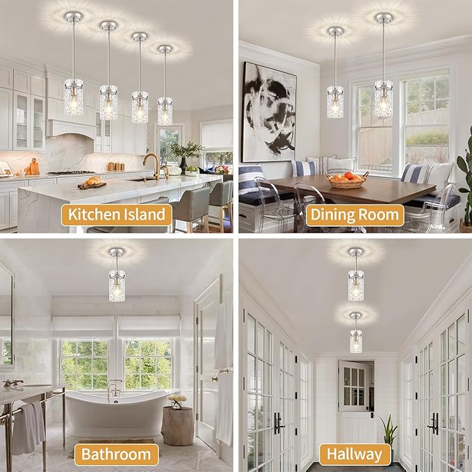 3 Pack Brushed Nickel Pendant Lights Kitchen Island, Modern Hammered Glass Pendant Lighting Over Island Hanging Bathroom Light Fixtures Adjustable Mini Pendant Light for Hallway Entryway Dining Room