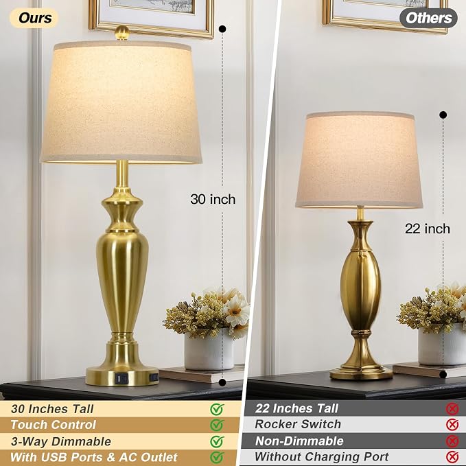 Cinyirong 30" Tall Gold Table Lamps Set of 2, Touch Control Bedside Lamp with USB A+C Ports and AC Outlet, 3-Way Dimmable Modern Metal Nightstand Lamp for Bedroom Living Room, 2 LED Bulbs Included