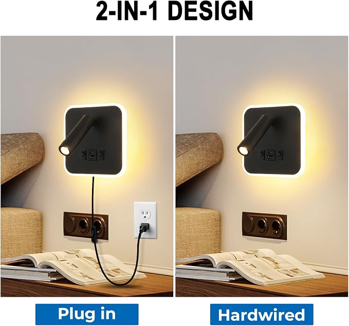 LED Wall Sconce Plug in With Wall Mounted Reading Lights,Modern Black Wall Lamp for Bedroom With Charging Station USB C+A Ports,Headboard Bedside Lamp for Living Room With 3W+9W Night Light