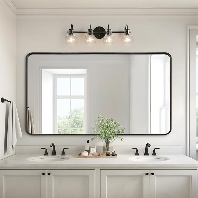 KSANA Black Bathroom Light Fixtures, 4-Light Modern Farmhouse Black Vanity Lights with Clear Glass Shade Over Mirror for Hallway, Kitchen, Bedroom, and Living Room