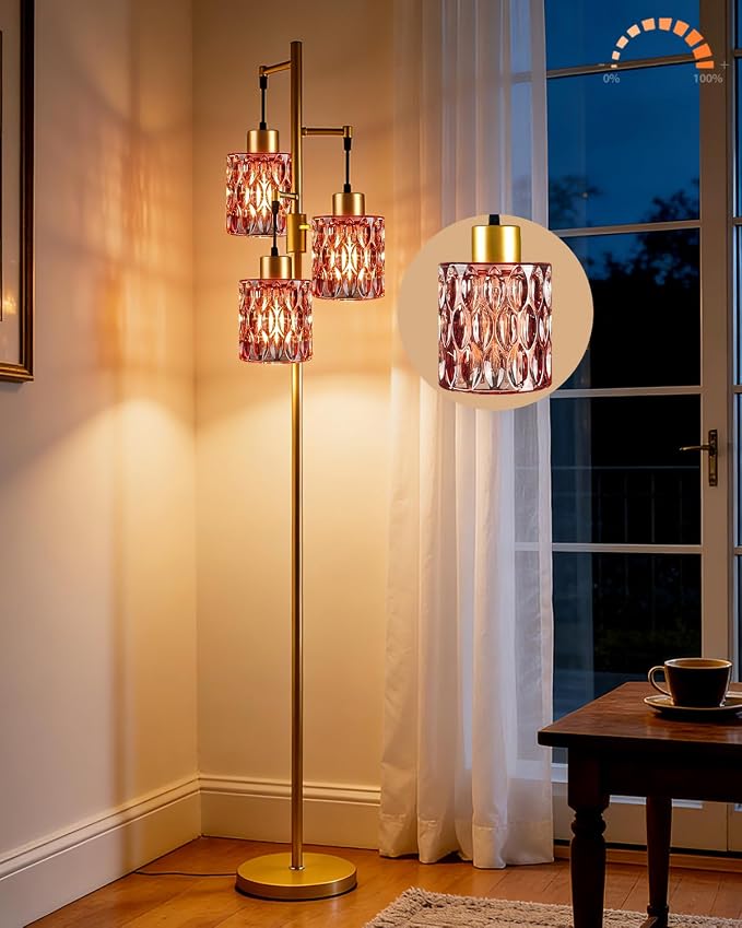 Lightdot 67" 3-Light Glass Floor Lamp for Living Room, Dimmable with Deep Red Glass Shade & E12 Bulbs Included, Mid Century Standing Tall Lamp with 5Lbs Heavy Base for Bedroom/Sofa Beside - Gold