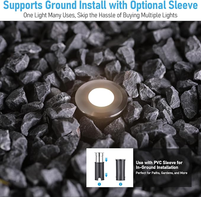 LEONLITE 12-Pack 3000K Recessed Low Voltage Deck Light, Flat Round Aperture | 1 Inch, 12-24V AC/DC, CRI90, Landscape LED Step Stair Light, IP67 Waterproof, Stainless Steel Housing, Warm White, Silver