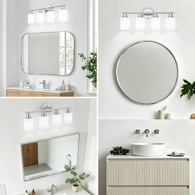 4-Light Chrome Vanity Lights for Mirror, Bathroom Light Fixtures with Textured Milky White Glass Shade, Modern Kitchen Light Fixtures Wall Sconce Light