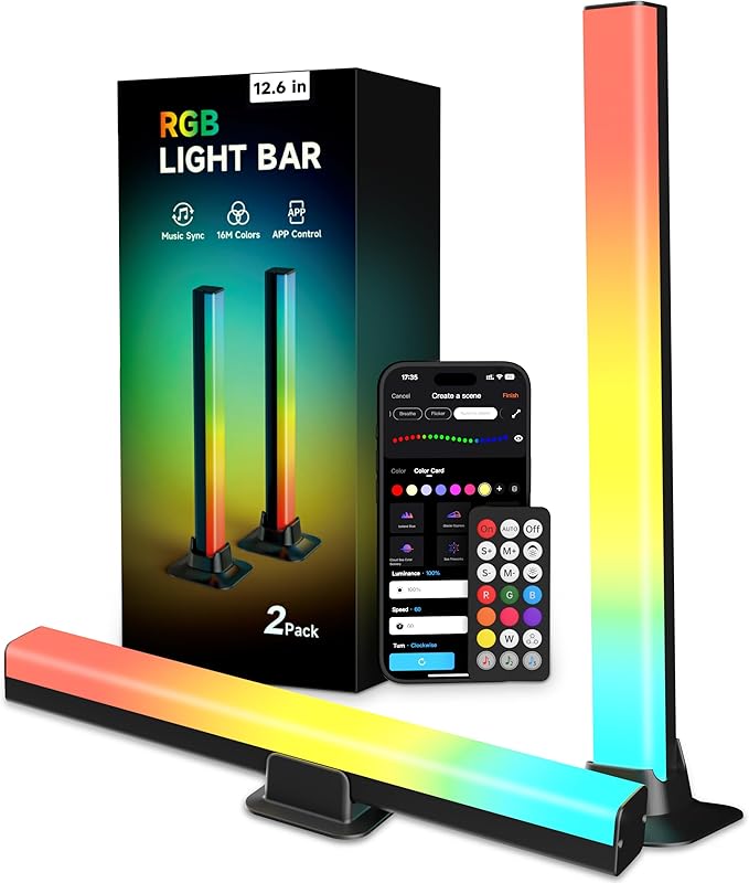 RGB+IC LED Light Bars – 12.6-inch TV Backlight for 55" and Smaller TVs & Monitors | Bluetooth-Enabled, 16 Million Colors, Music Sync for Gaming, PC, and Room Decoration