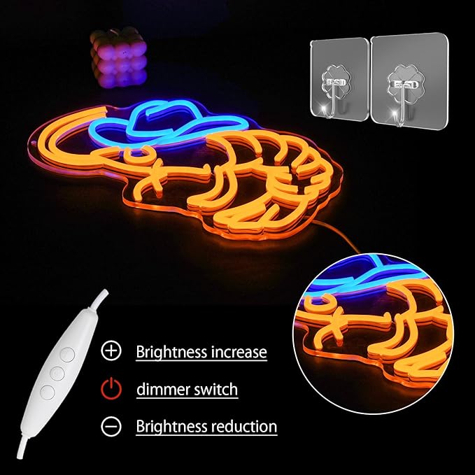 Cowboy Shrimp Neon Sign for Wall Decor, USB Powered Shrimp Neon Light Wall Art, Seafood LED Light Up Sign for Seafood Restaurants, Pub, Store, Man Cave