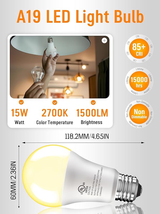 6 Pack LED Light Bulbs 100 Watt Equivalent, A19 15W Soft Warm White 2700K, 1500 Lumens Super Bright E26 Standard No Flicker Energy Saving Lamp Bulb for Home, Bedroom, Office, 15000 Hrs, Non-Dimmable