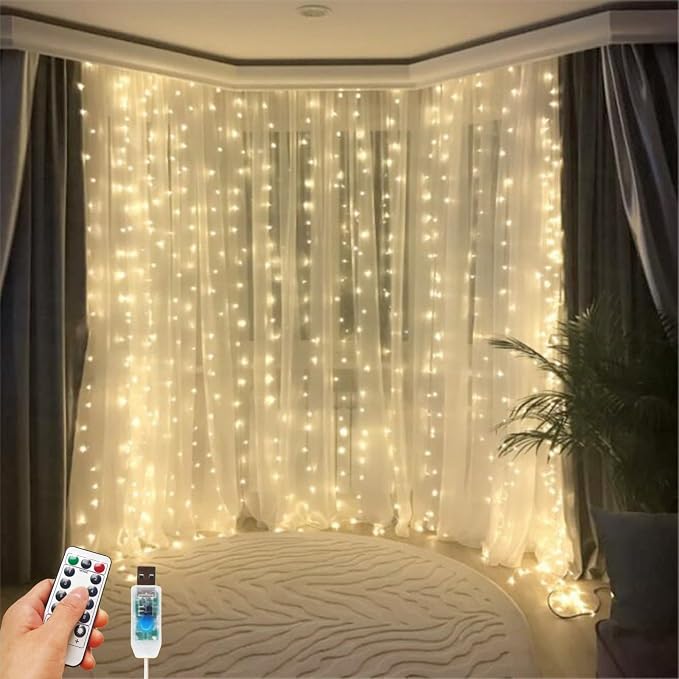 200 LED Fairy Curtain Lights, 6.6 x 6.6 FT Warm White USB Plug in 8 Modes Hanging Lights with Remote for Christmas, Bedroom, Indoor, Outdoor, Weddings, Party (Warm White)