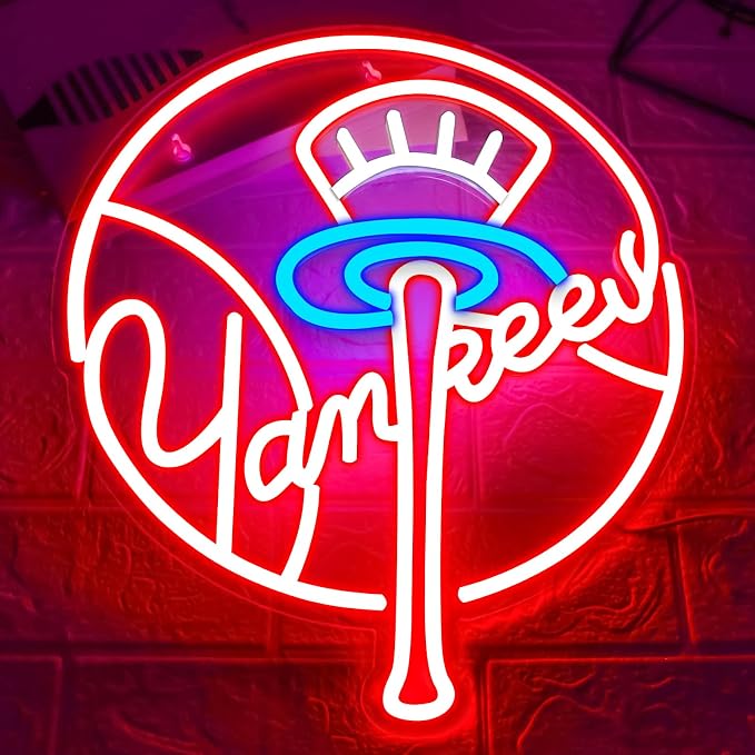 AHlove YANKEES Neon Signs for Wall Decor，Baseball Team Neon Lights for Bedroom，LED Signs Suitable for Man Cave，5V Power Adapter，Birthday、Christmas Gifts for Boys 13 * 15Inch(red+blue+white)