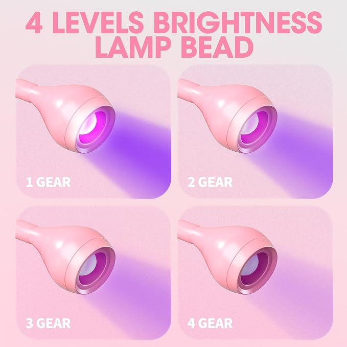 UV Nail Lamp - UV Light for Gel Nails, Flash Cure Lamp | LED Gooseneck Flash Cure Lamp for Nails, Manicure Dryer Black Light with Clamp, 365+395nm 5V 3W 4 Levels Dimming Pink