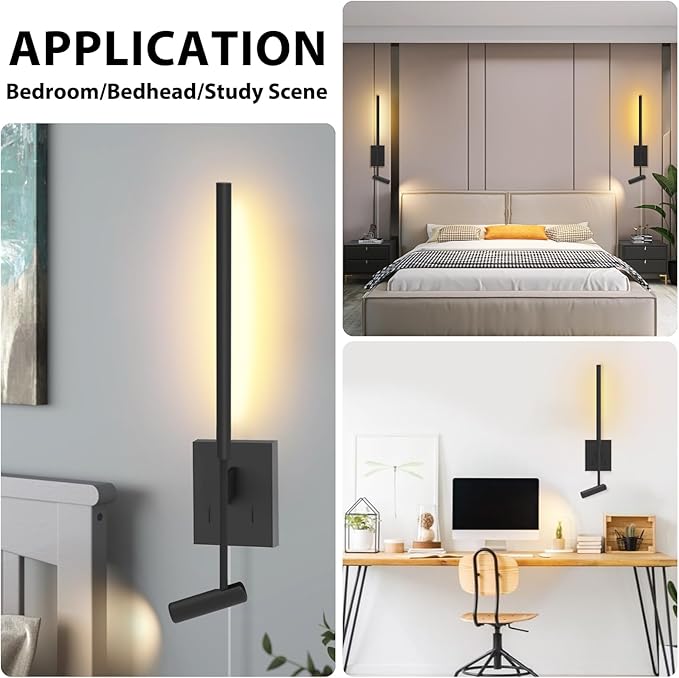 Modern Plug in Wall Sconce Indoor Wall Light Set of two for Bed, Corded Minimalist Bedside Linear Wall Sconce With Switch, Adjustable Black Wall Mount lamp for Living Room Bedroom Hallway Reading etc