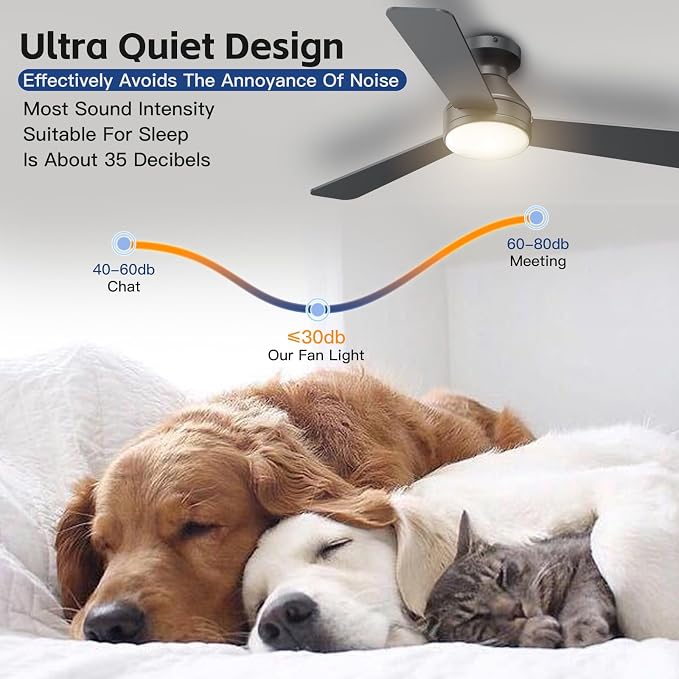 Ceiling Fans with Lights, 42 Inch Ceiling Fan with Light And Remote, 3CCT Flush Moun Low Profile Ceiling Fans, 6 Speed Noiseless LED Ceiling Fan, Black Ceilings Fan with Remote for Bedroom Living Room