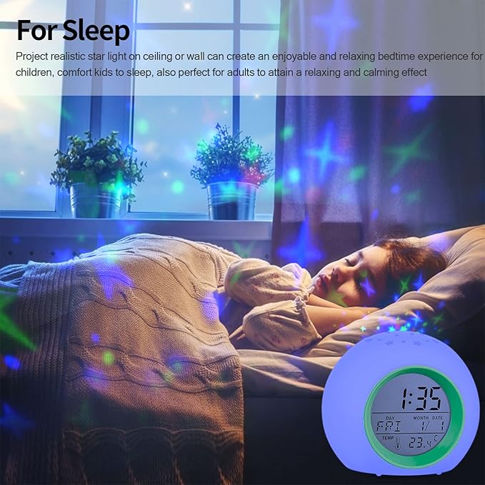 Tarklanda Alarm Clock for Kids,Moon Stars Projector Alarm Clock,7 Color Changing Night Light,Snooze Touch Control Temperature for Kids’ Bedroom, Digital Clock for Girls Boys Children Birthday Gifts