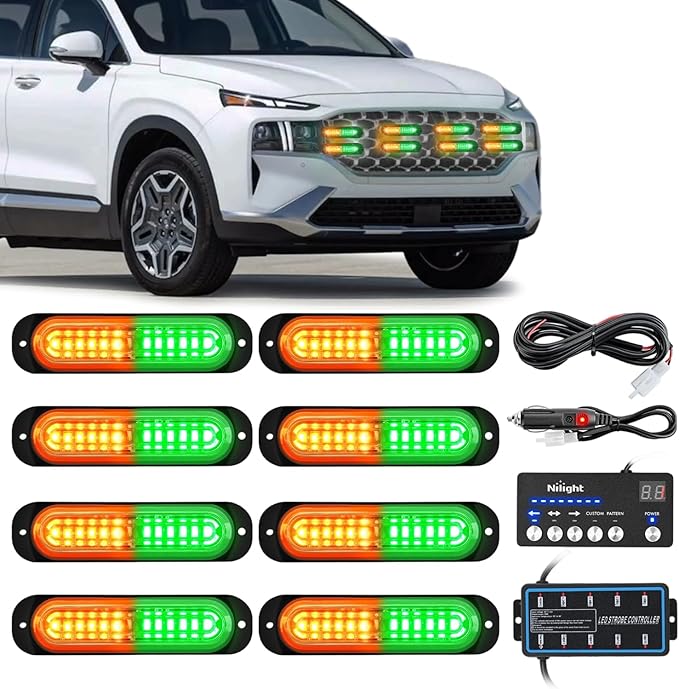 Nilight 8PCS Led Strobe Lights with Controller 12V 24V Sync Feature Amber Green Strobe Light 12 LED Surface Mount Emergency Hazard Warning Lights with Strobe Controller for Vehicle Car Truck RV ATV