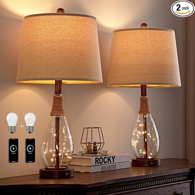PoKat 2 in 1 Bedside Table Lamps Set of 2, Farmhouse Glass Lamp, Wood-like | Bedroom Lamps for Nightstand,Top Light&Fairy Night Light,Built-in USB with Bulb,Boho Rattan Design for Nursery Hallway