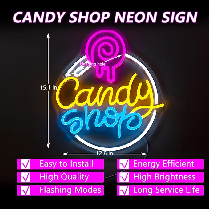 Candy Shop Neon Sign, Neon Signs for Wall Decor, Neon Dimmable LED Signs Lollipop Store Decorations, Neon Dessert Business Light Up Signs Candy Party Decorations, Neon Halloween Birthday Gift