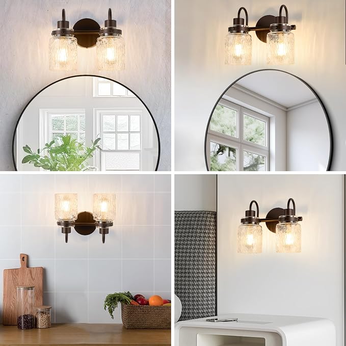 2 Lights Hammered Glass Bathroom Vanity Light, Oil Rubbed Bronze | Easy Installation,Up or Down,Farmhouse Modern Style,E26 Socket,ETL Certification