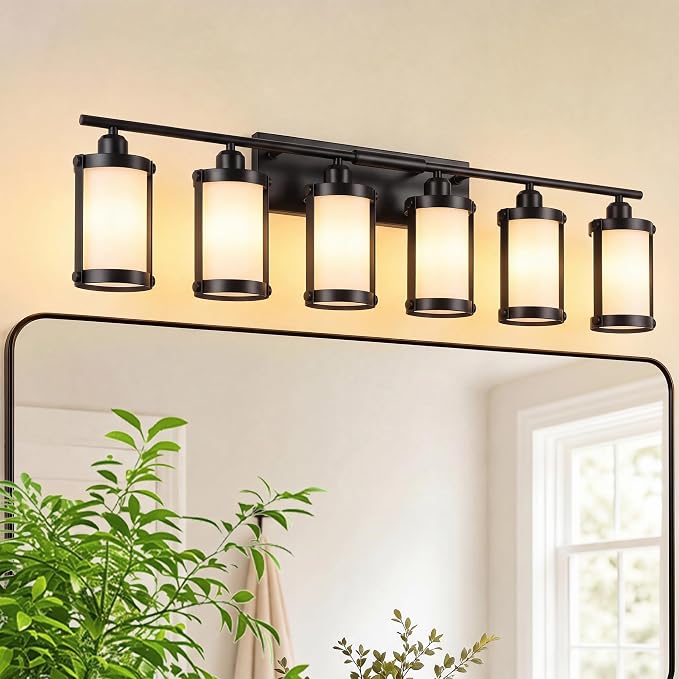 6-Light Matte Black Bathroom Light Fixtures Over Mirror with Frosted Milk Glass and Metal Cage Shade, 42" UL-Listed Modern Farmhouse Wall Sconce for Bath, Hardwire E26, OS-3014BKW-6W