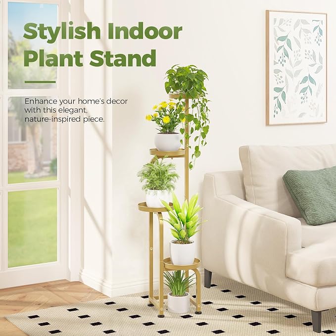 Bamworld Corner Plant Stand Indoor Outdoor Tall Metal Flower Pot Stands | 4 Tier Gold Heavy Duty Plant Shelf for Patio Garden Balcony Living Room Bedroom(Patent Design)